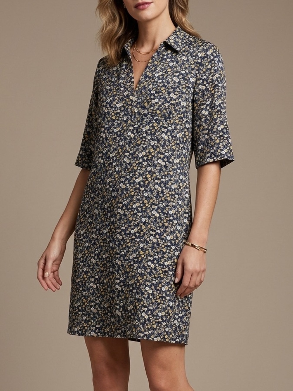 New York & Company Navy Blue Floral Shift‎ Dress Elbow Sleeve Split Neck Large